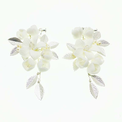 K15 Flower Clip Earring Silver Ceramic Flower Accessory