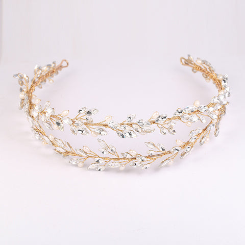 K22 Double Layer Gold Crystal Bridal Tiara Freshwater Pearl Branch and Leaf Hair Accessory