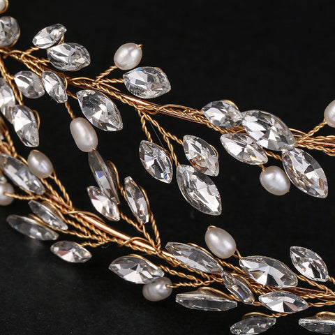 K22 Double Layer Gold Crystal Bridal Tiara Freshwater Pearl Branch and Leaf Hair Accessory