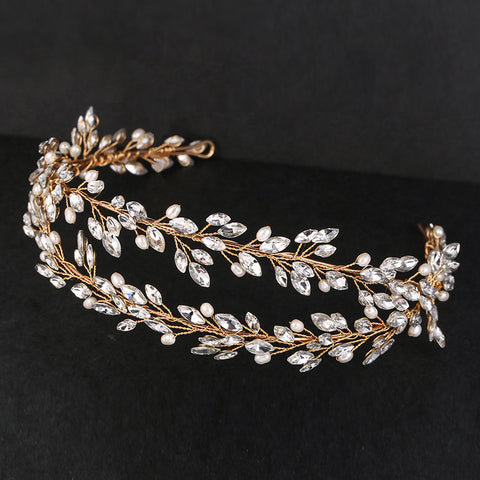 K22 Double Layer Gold Crystal Bridal Tiara Freshwater Pearl Branch and Leaf Hair Accessory