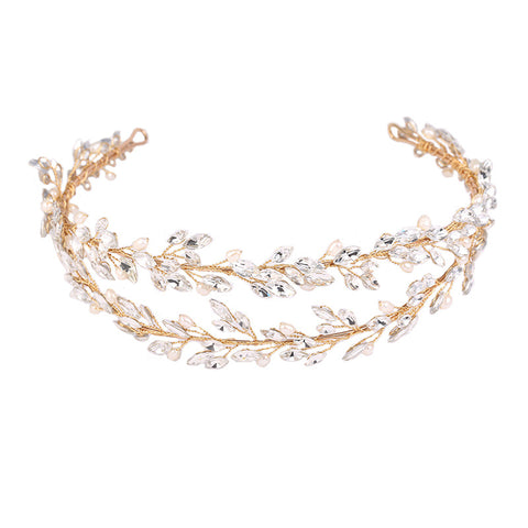 K22 Double Layer Gold Crystal Bridal Tiara Freshwater Pearl Branch and Leaf Hair Accessory