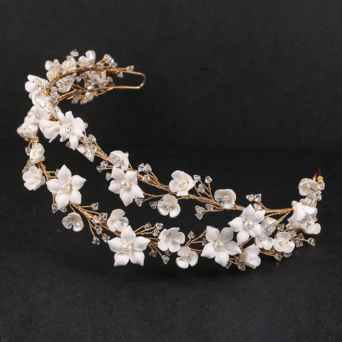 K23 Double Layer Gold Crystal Bridal Tiara Ceramic Flower Pearl Hair Ornament