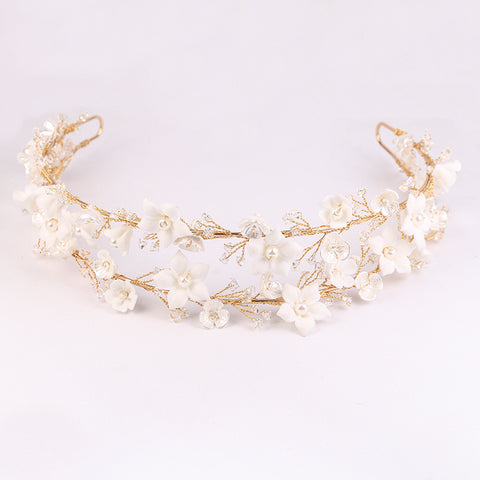 K23 Double Layer Gold Crystal Bridal Tiara Ceramic Flower Pearl Hair Ornament