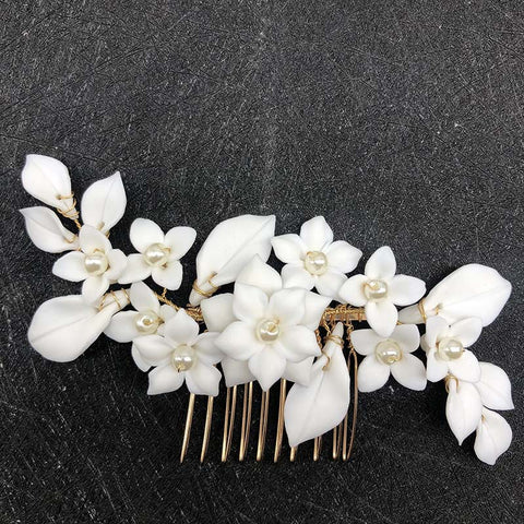 K24 Handmade White Ceramic Flower Women's Crown Hair Comb Headgear