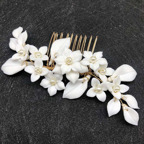 K24 Handmade White Ceramic Flower Women's Crown Hair Comb Headgear