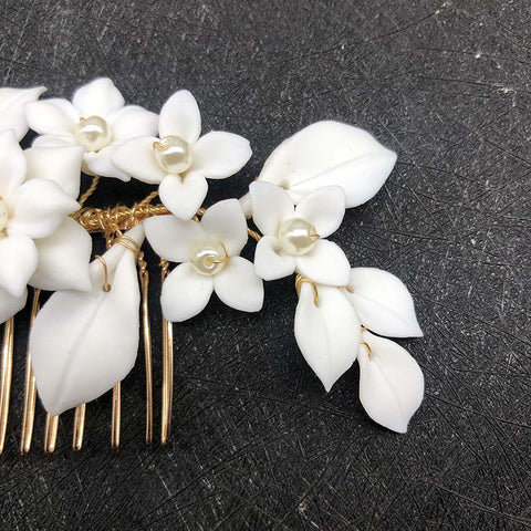 K24 Handmade White Ceramic Flower Women's Crown Hair Comb Headgear