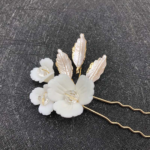 K28 Gold Handmade Ceramic Flower Earrings and Hair Comb Set Wedding Accessories Hairpin