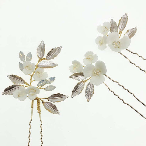 K28 Gold Handmade Ceramic Flower Earrings and Hair Comb Set Wedding Accessories Hairpin