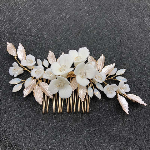 K28 Gold Handmade Ceramic Flower Earrings and Hair Comb Set Wedding Accessories Hairpin