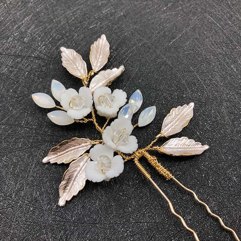 K28 Gold Handmade Ceramic Flower Earrings and Hair Comb Set Wedding Accessories Hairpin