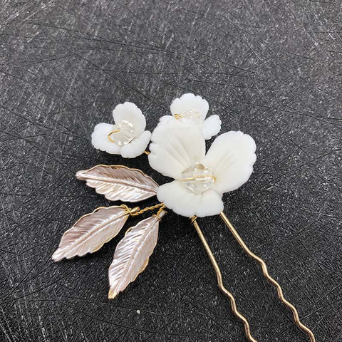 K28 Gold Handmade Ceramic Flower Earrings and Hair Comb Set Wedding Accessories Hairpin