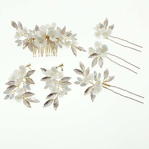 K28 Gold Handmade Ceramic Flower Earrings and Hair Comb Set Wedding Accessories Hairpin
