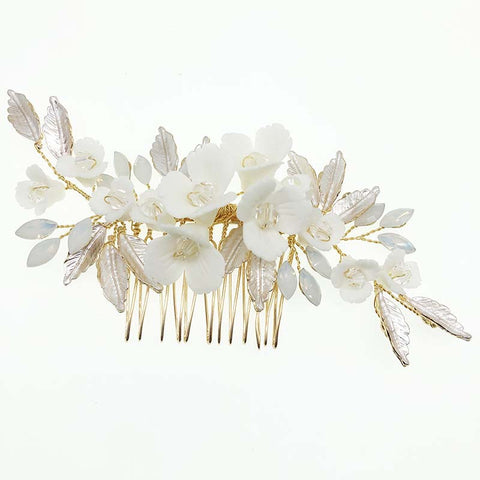 K28 Gold Handmade Ceramic Flower Earrings and Hair Comb Set Wedding Accessories Hairpin