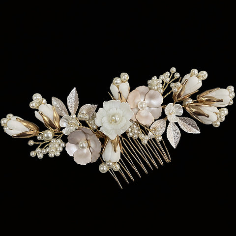 K03 Wedding Bridal Gold Imitation Pearl Ceramic Flower