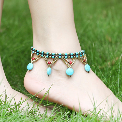 Turquoise Round Cake Beach Anklet Hand Braided Beaded Accessory