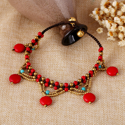 Turquoise Round Cake Beach Anklet Hand Braided Beaded Accessory