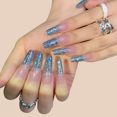 N05 Blue sequin knot mid-length wearable manicure false nails 24pcs/box with jelly glue