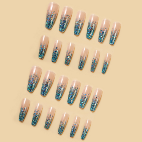 N05 Blue sequin knot mid-length wearable manicure false nails 24pcs/box with jelly glue