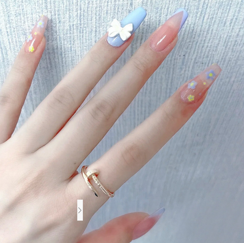 N33 Long blue pink ballet bow French false nail 24pcs/box with jelly glue