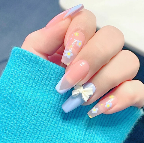 N33 Long blue pink ballet bow French false nail 24pcs/box with jelly glue