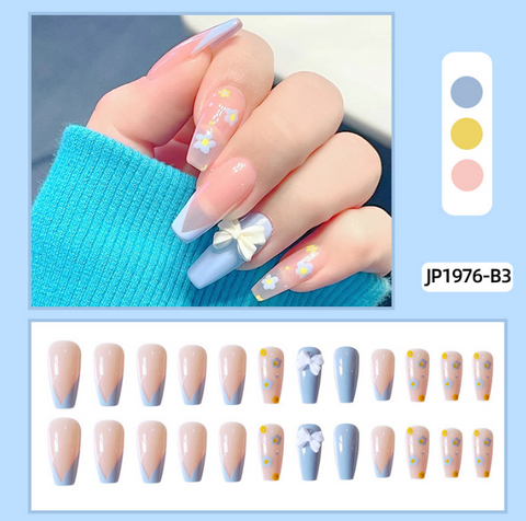 N33 Long blue pink ballet bow French false nail 24pcs/box with jelly glue