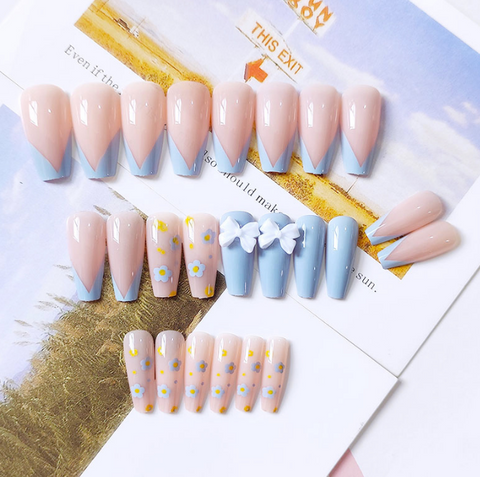 N33 Long blue pink ballet bow French false nail 24pcs/box with jelly glue