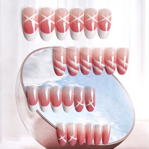 N34 Long white hill print false nails 24pcs/box with jelly glue