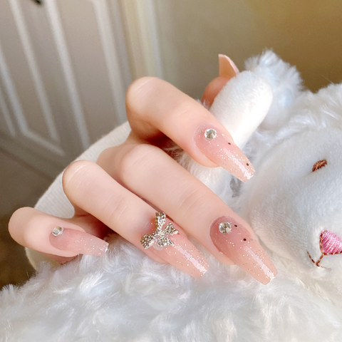 N36 Bow broken diamond removable wearable nail patch 24pcs/box with jelly glue