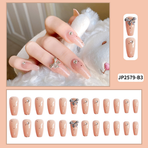 N36 Bow broken diamond removable wearable nail patch 24pcs/box with jelly glue