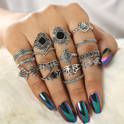 15 pieces rings personality trendy hollow geometric black gemstone