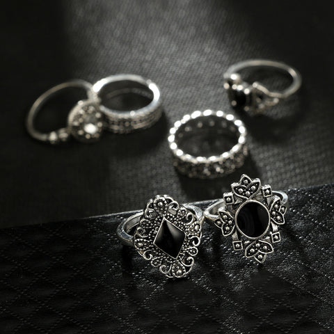 15 pieces rings personality trendy hollow geometric black gemstone