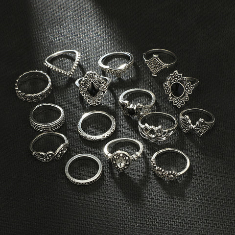 15 pieces rings personality trendy hollow geometric black gemstone