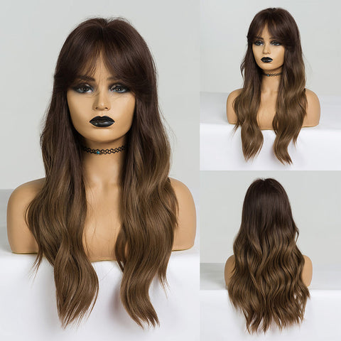Long Dark Brown Women Wigs with Bangs Water Wave Heat Resistant  for Women