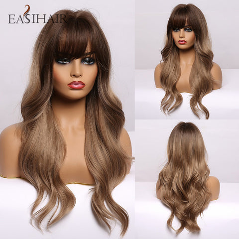 Long Dark Brown Women Wigs with Bangs Water Wave Heat Resistant  for Women