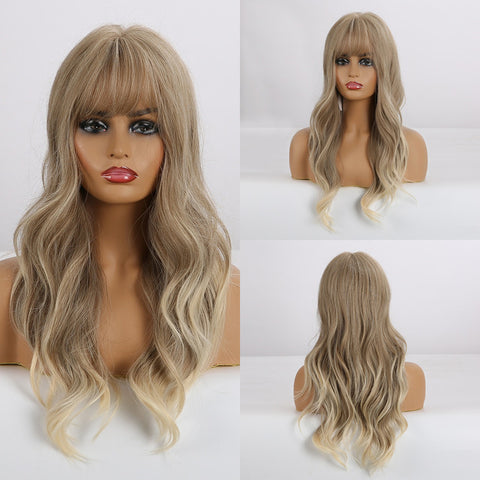 Long Dark Brown Women Wigs with Bangs Water Wave Heat Resistant  for Women