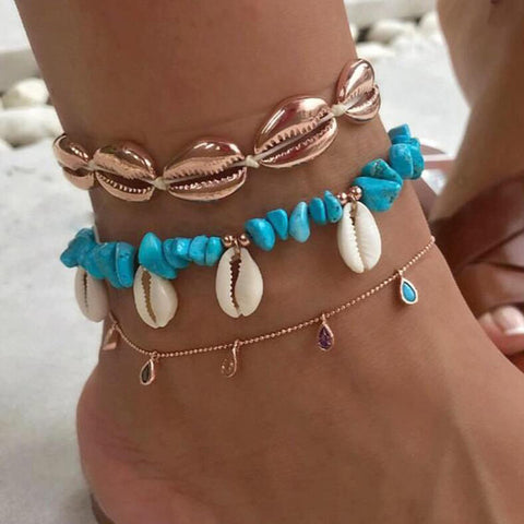 Tocona Layered Gold Shell Pendant Chain Ankle Bracelet On Leg Foot Jewelry