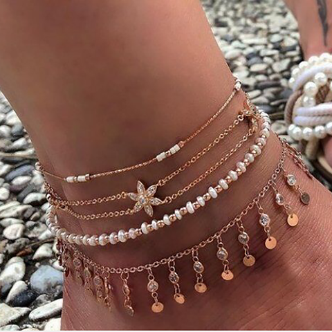 Tocona Layered Gold Shell Pendant Chain Ankle Bracelet On Leg Foot Jewelry