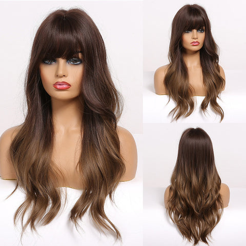 Long Dark Brown Women Wigs with Bangs Water Wave Heat Resistant  for Women