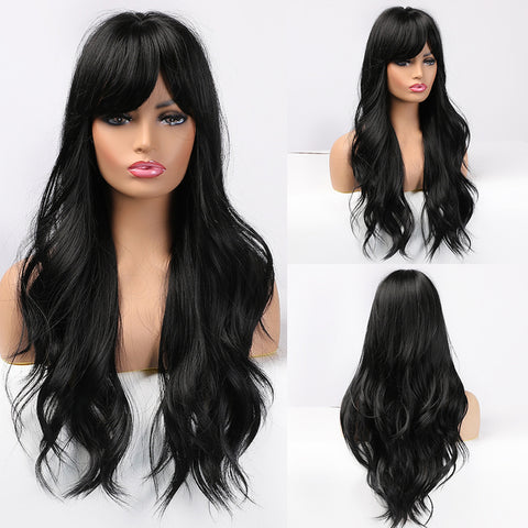 Long Dark Brown Women Wigs with Bangs Water Wave Heat Resistant  for Women