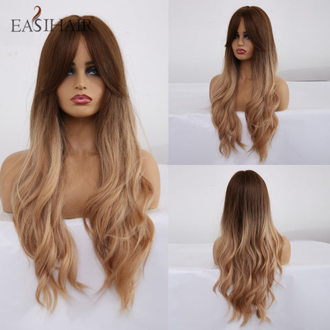 Long Dark Brown Women Wigs with Bangs Water Wave Heat Resistant  for Women