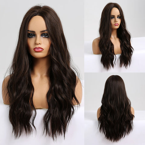 Long Dark Brown Women Wigs with Bangs Water Wave Heat Resistant  for Women