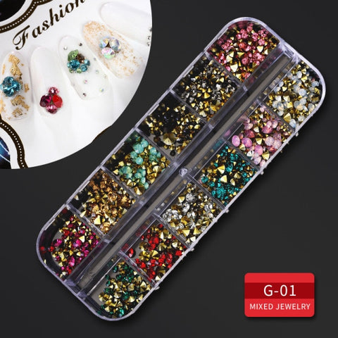 12Grid Multi-size Nail Rhinestones 3D Crystal AB Clear Nail Stones Decoration