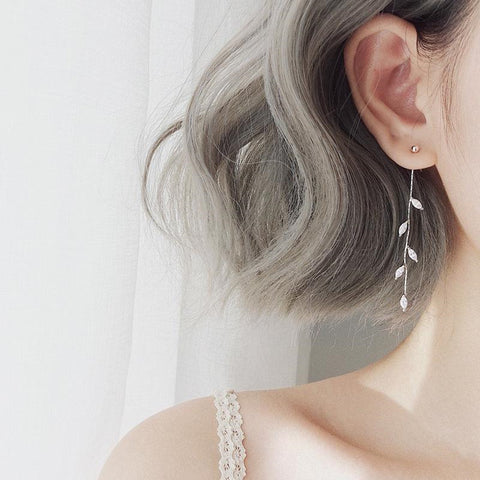 Long Silver Plated Crystal Leaf Tassel Drop Earrings For Women