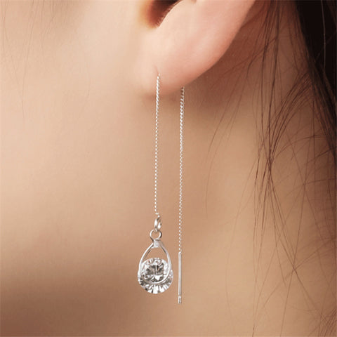 Long Silver Plated Crystal Leaf Tassel Drop Earrings For Women