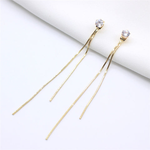 Long Silver Plated Crystal Leaf Tassel Drop Earrings For Women
