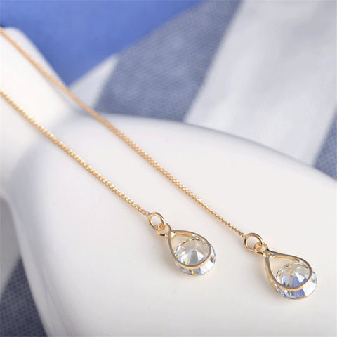 Long Silver Plated Crystal Leaf Tassel Drop Earrings For Women