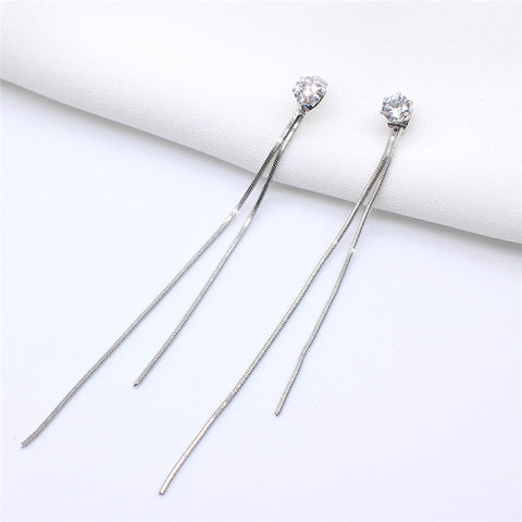 Long Silver Plated Crystal Leaf Tassel Drop Earrings For Women