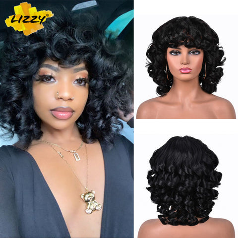 Short Hair Afro Curly Wig With Bangs Loose Synthetic Cosplay Fluffy
