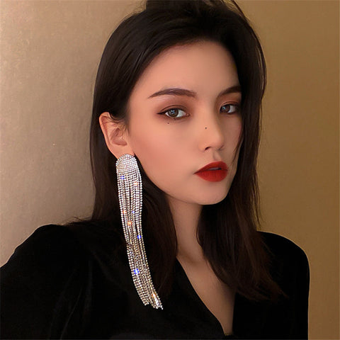 Long Tassel Full Rhinestone Drop Earrings for Women