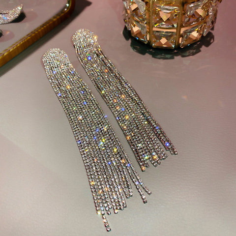 Long Tassel Full Rhinestone Drop Earrings for Women